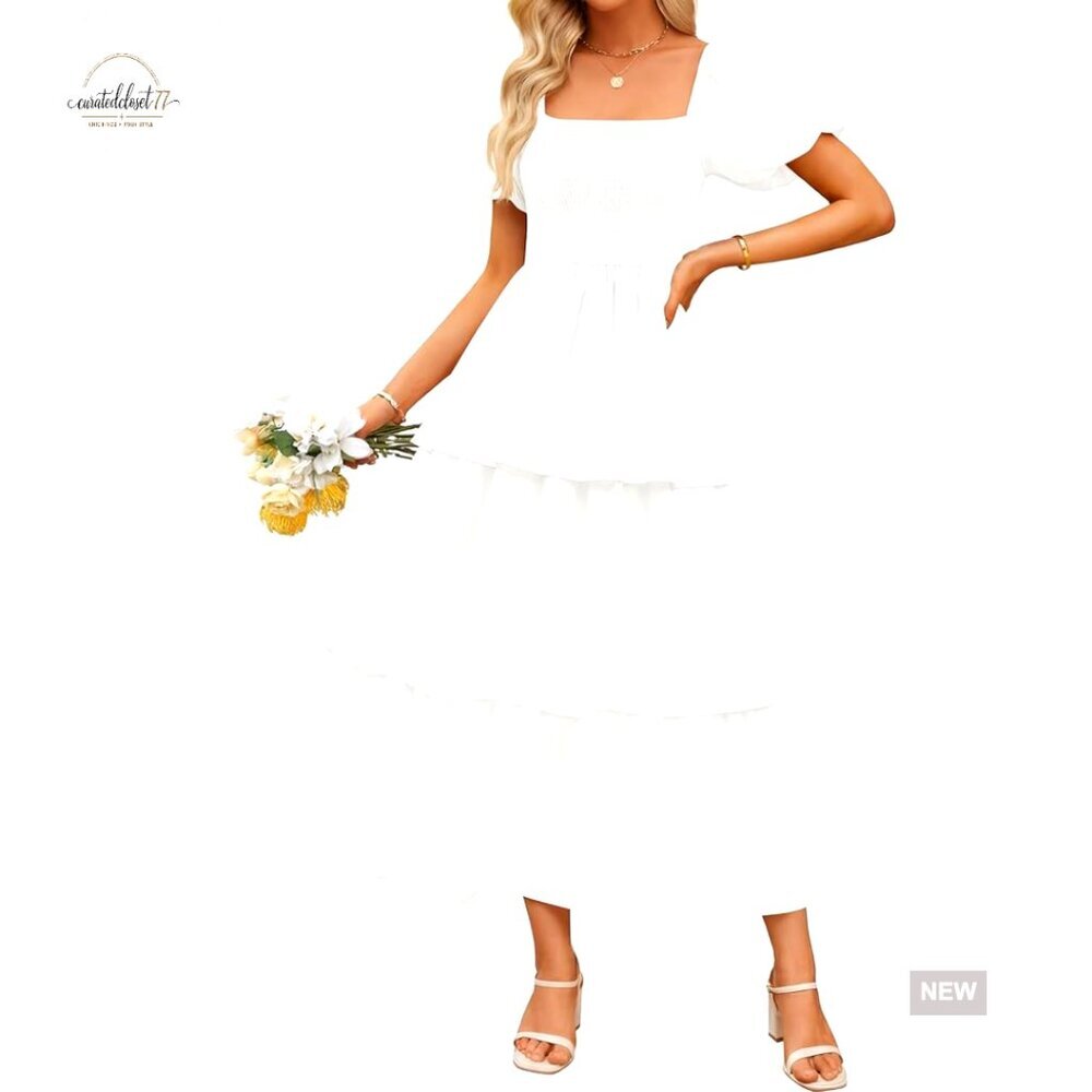Summer Smocked Midi Dress Puff Sleeve Boho Backless Tiered Casual Beach